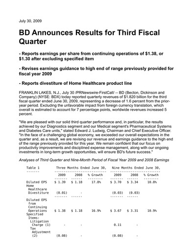 Vorschaubild Becton Dickinson Quartalsbericht 2009-q3