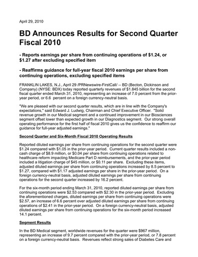 Vorschaubild Becton Dickinson Quartalsbericht 2010-q2