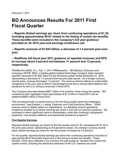 Vorschaubild Becton Dickinson Quartalsbericht 2011-q1