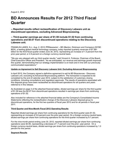 Vorschaubild Becton Dickinson Quartalsbericht 2012-q3