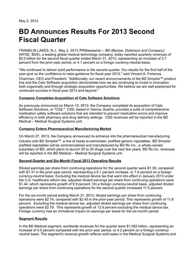 Vorschaubild Becton Dickinson Quartalsbericht 2013-q2