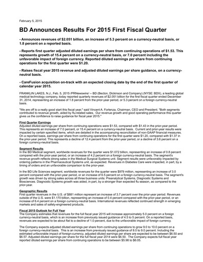 Vorschaubild Becton Dickinson Quartalsbericht 2015-q1