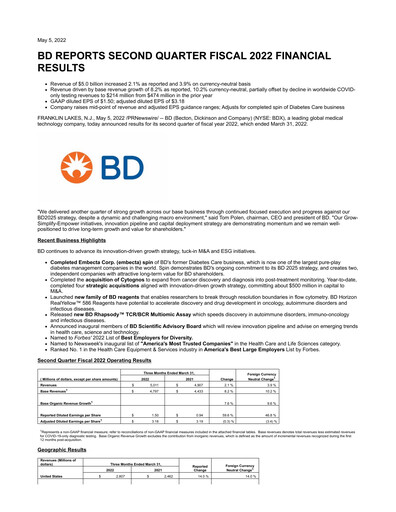 Vorschaubild Becton Dickinson Quartalsbericht 2022-q2