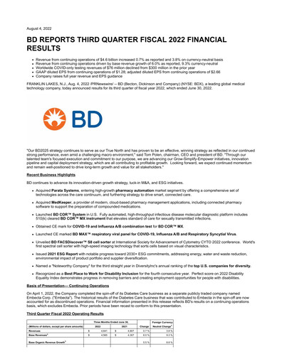 Vorschaubild Becton Dickinson Quartalsbericht 2022-q3