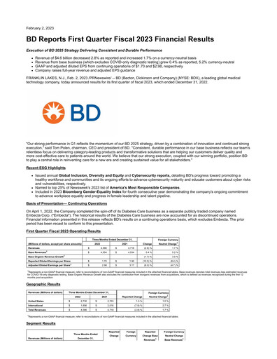 Vorschaubild Becton Dickinson Quartalsbericht 2023-q1