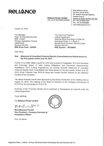 Thumbnail Reliance Power
 Quarterly Report 2019-q1