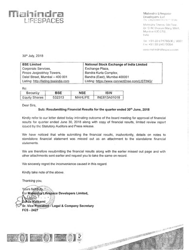 Thumbnail Mahindra Lifespaces
 Quarterly Report 2018-q1
