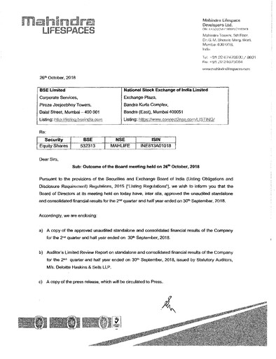 Thumbnail Mahindra Lifespaces
 Quarterly Report 2018-q2