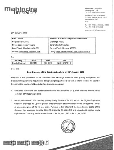 Thumbnail Mahindra Lifespaces
 Quarterly Report 2018-q3