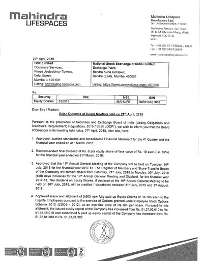 Thumbnail Mahindra Lifespaces
 Quarterly Report 2018-q4
