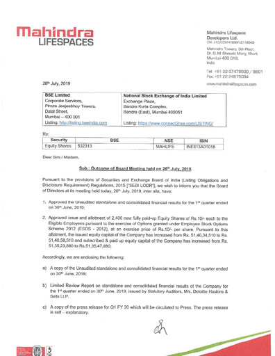 Thumbnail Mahindra Lifespaces
 Quarterly Report 2019-q1