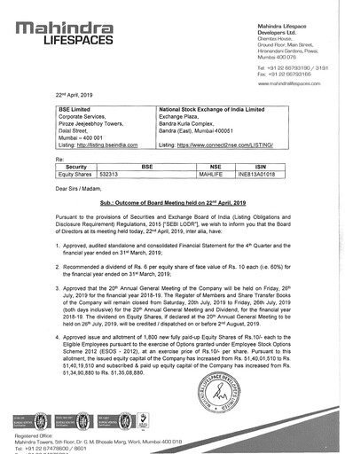 Thumbnail Mahindra Lifespaces
 Quarterly Report 2019-q4