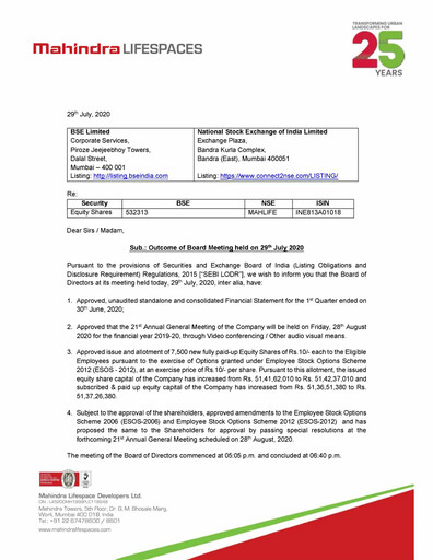 Thumbnail Mahindra Lifespaces
 Quarterly Report 2020-q1