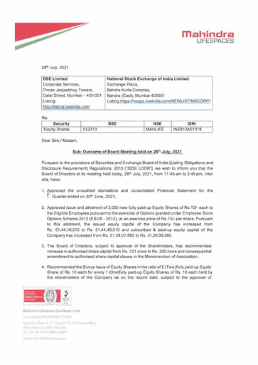 Thumbnail Mahindra Lifespaces
 Quarterly Report 2021-q1