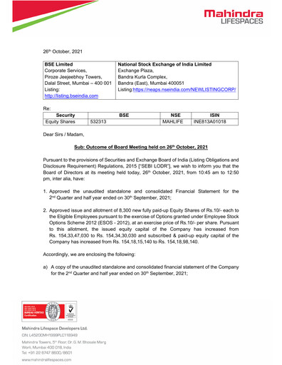 Thumbnail Mahindra Lifespaces
 Quarterly Report 2021-q2