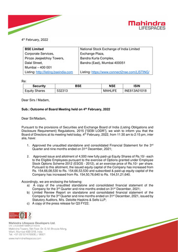 Thumbnail Mahindra Lifespaces
 Quarterly Report 2021-q3