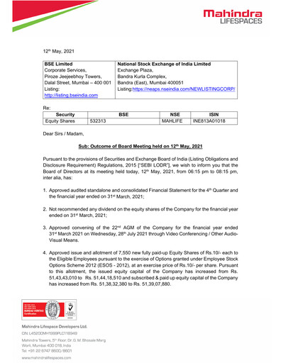 Thumbnail Mahindra Lifespaces
 Quarterly Report 2021-q4