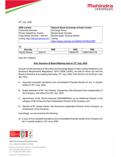 Thumbnail Mahindra Lifespaces
 Quarterly Report 2022-q1