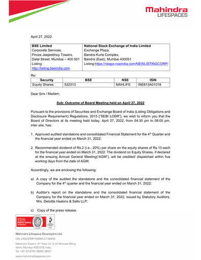 Thumbnail Mahindra Lifespaces
 Quarterly Report 2022-q4