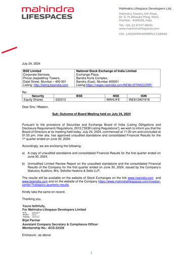 Thumbnail Mahindra Lifespaces
 Quarterly Report 2024-q1