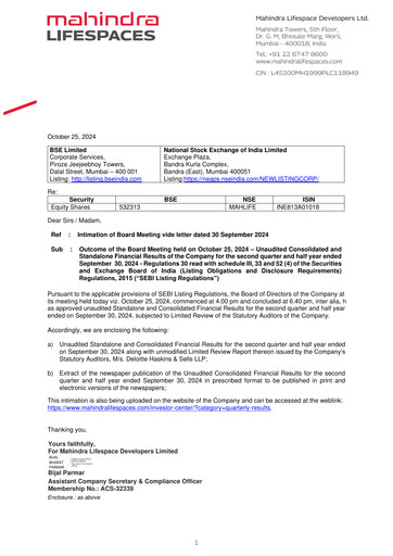 Thumbnail Mahindra Lifespaces
 Quarterly Report 2024-q2