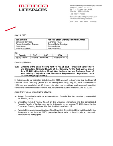 Thumbnail Mahindra Lifespaces
 Quarterly Report 2025-q1