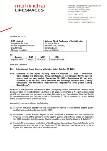 Thumbnail Mahindra Lifespaces
 Quarterly Report 2025-q2