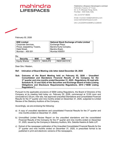 Thumbnail Mahindra Lifespaces
 Quarterly Report 2025-q3