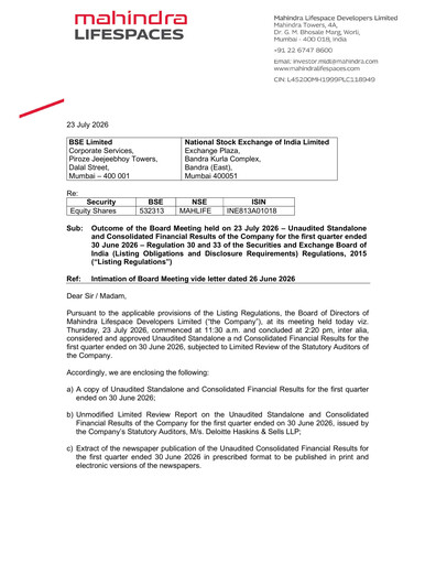 Thumbnail Mahindra Lifespaces
 Quarterly Report 2026-q1