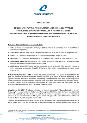 Thumbnail Comer Industries Half-year Report 2025-h1