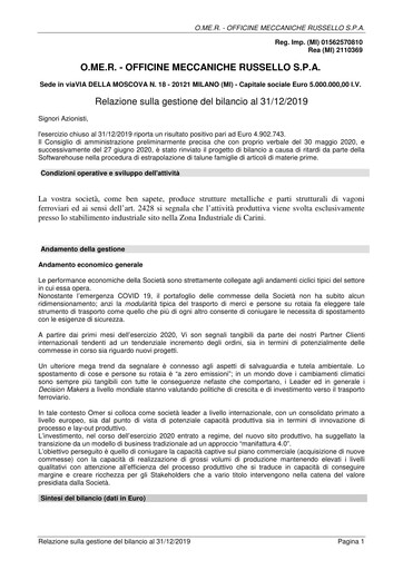 Thumbnail OMER S.p.A. Financial Statement 2019