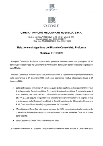 Thumbnail OMER S.p.A. Financial Statement 2020