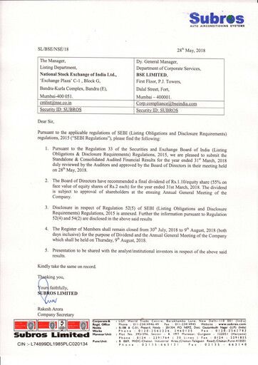 Thumbnail Subros Financial Statement 2017-2018