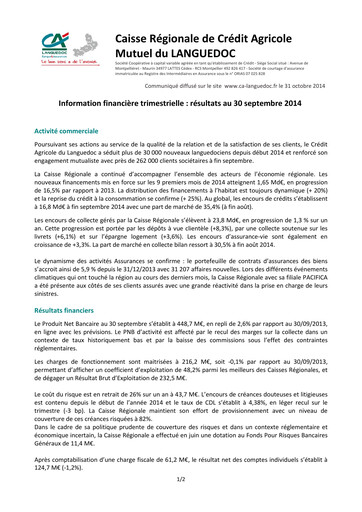 Thumbnail Caisse Régionale de Crédit Agricole Mutuel du Languedoc Quarterly Report 2014-q3