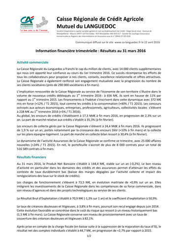 Thumbnail Caisse Régionale de Crédit Agricole Mutuel du Languedoc Quarterly Report 2016-q1
