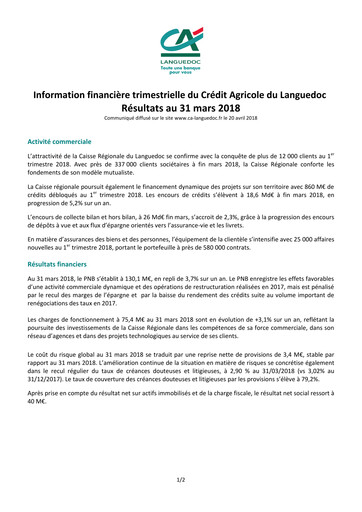 Thumbnail Caisse Régionale de Crédit Agricole Mutuel du Languedoc Quarterly Report 2018-q1