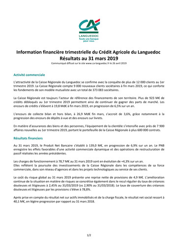 Thumbnail Caisse Régionale de Crédit Agricole Mutuel du Languedoc Quarterly Report 2019-q1