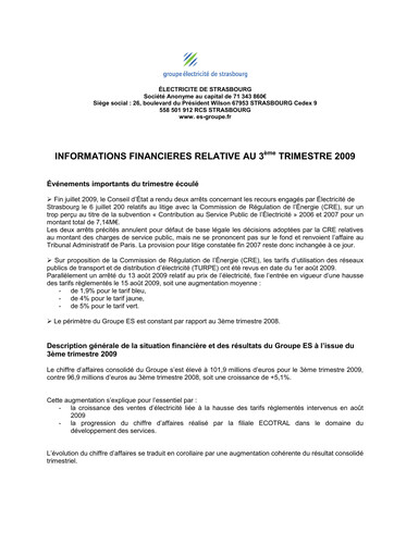 Thumbnail Électricite de Strasbourg Quarterly Report 2009-q3