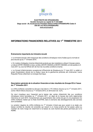 Thumbnail Électricite de Strasbourg Quarterly Report 2011-q1