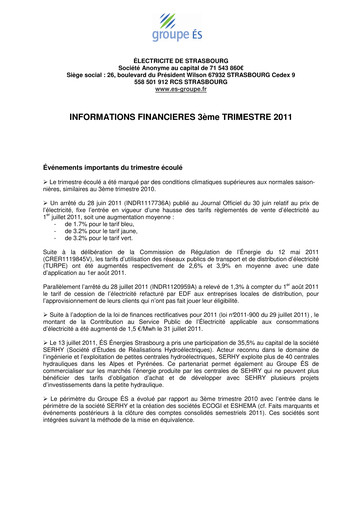 Thumbnail Électricite de Strasbourg Quarterly Report 2011-q3