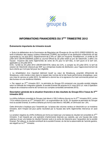 Thumbnail Électricite de Strasbourg Quarterly Report 2012-q3
