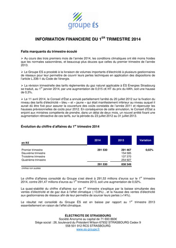 Thumbnail Électricite de Strasbourg Quarterly Report 2014-q1