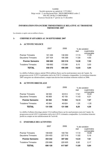 Thumbnail Groupe SAMSE Quarterly Report 2007-q3