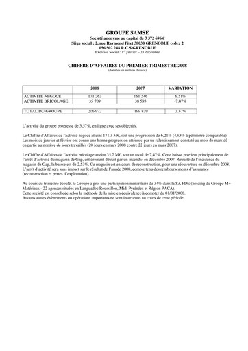 Thumbnail Groupe SAMSE Quarterly Report 2008-q1