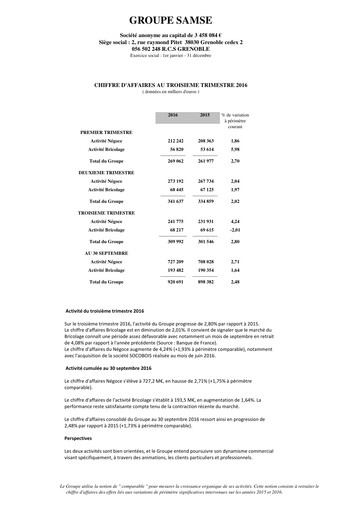 Thumbnail Groupe SAMSE Quarterly Report 2016-q3