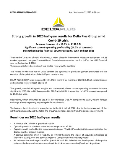 Thumbnail Delta Plus Group Half-year Report 2020-h1