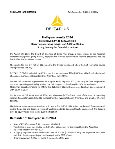 Thumbnail Delta Plus Group Half-year Report 2024-h1
