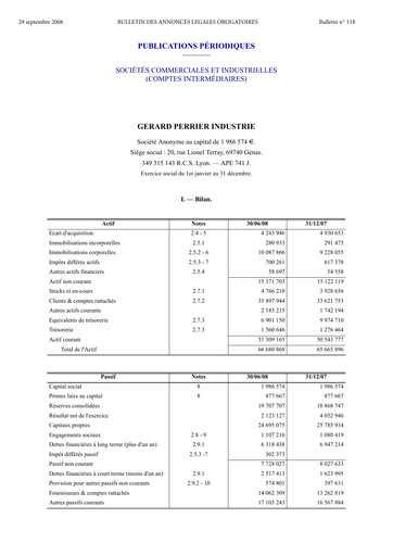 Thumbnail Gérard Perrier Industrie S.A. Half-year Report 2008-h1