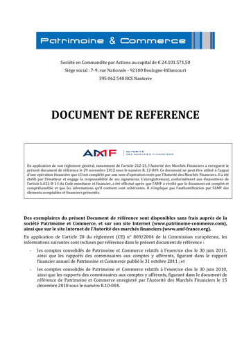 Thumbnail Patrimoine et Commerce SA Universal Registration Document 2012