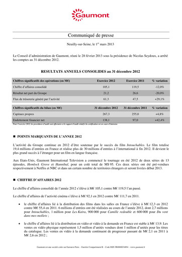 Miniature Gaumont SA Rapport financier 2012